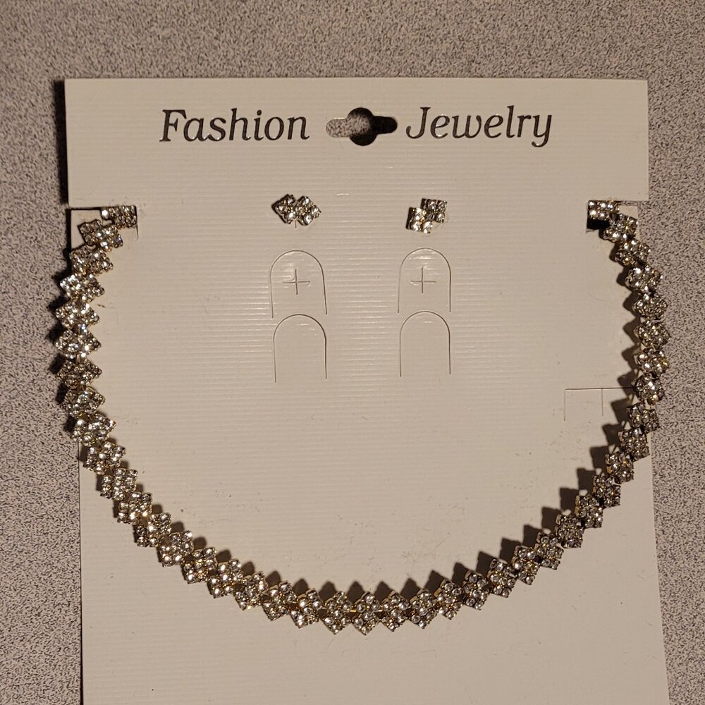 Ladies Sexy 2 Row Rhinestone Chocker Necklace and Earings‎ 11655